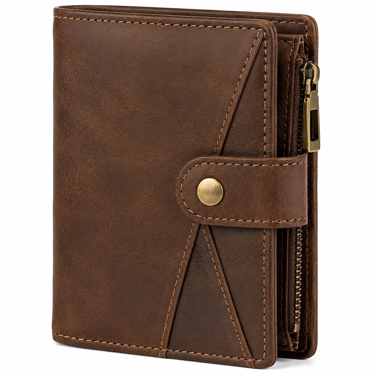 Portefeuille compact 12 x 10 x 3 cm aspect cuir marron à pression et zip