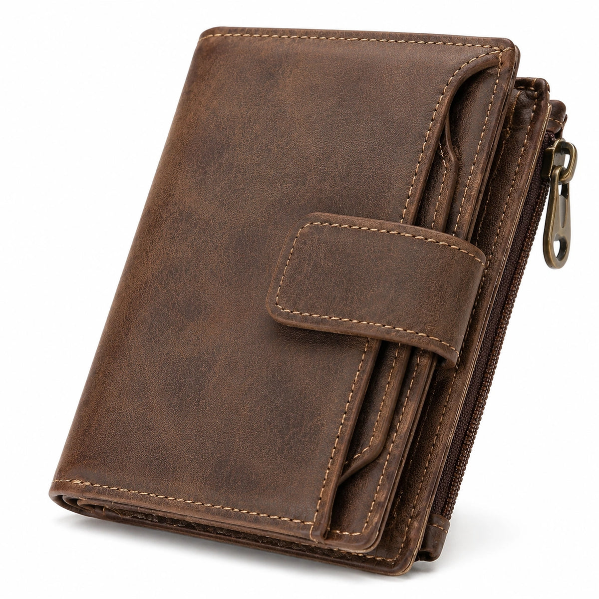 Portefeuille 19 x 10 x 3 cm en matière synthétique marron avec fermeture zippée