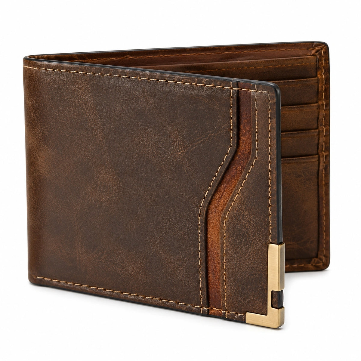 Portefeuille homme 11.5 cm en cuir marron pliant avec clip métallique