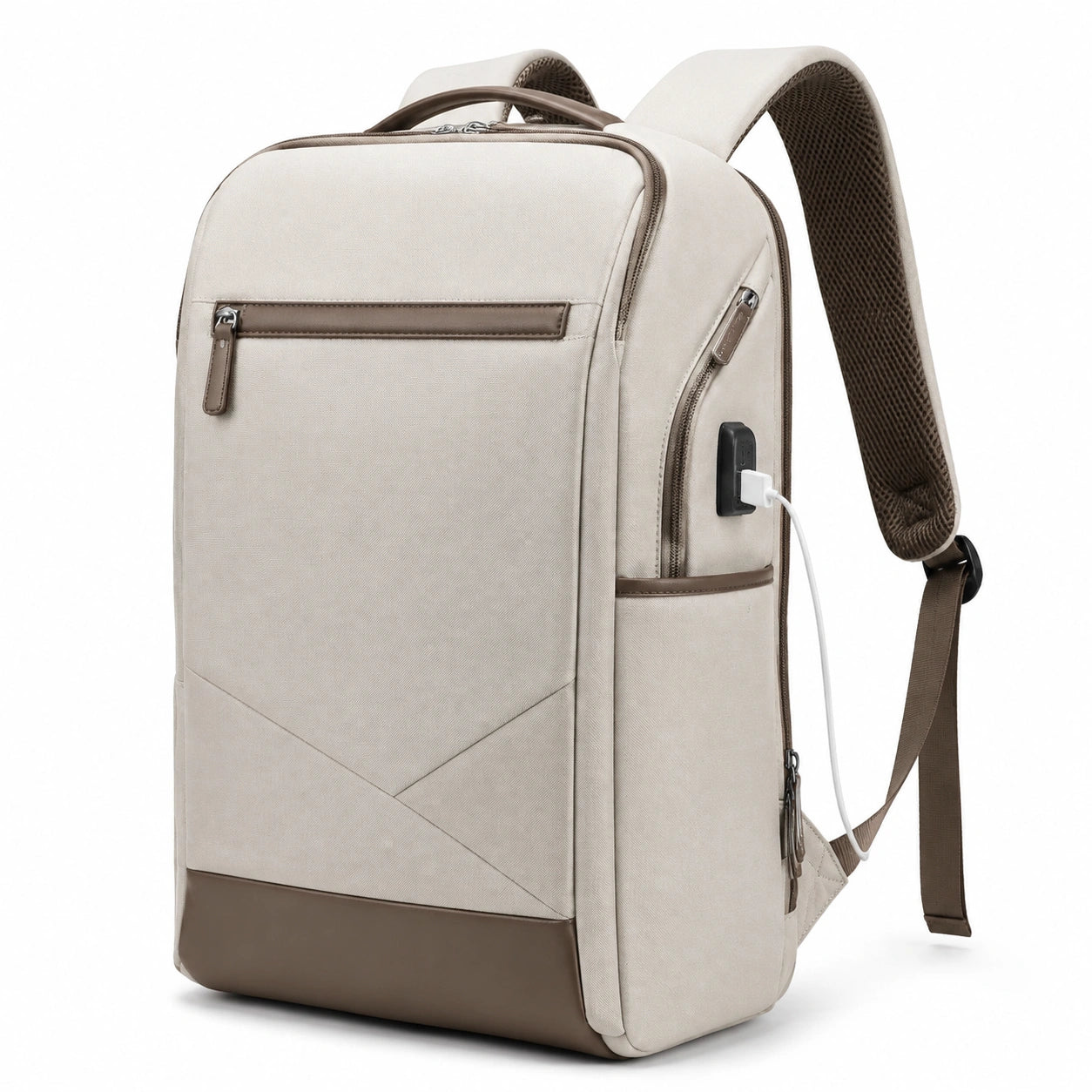 Sac à dos 32 x 16 x 45 cm en polyester beige et marron pour ordinateur avec port USB