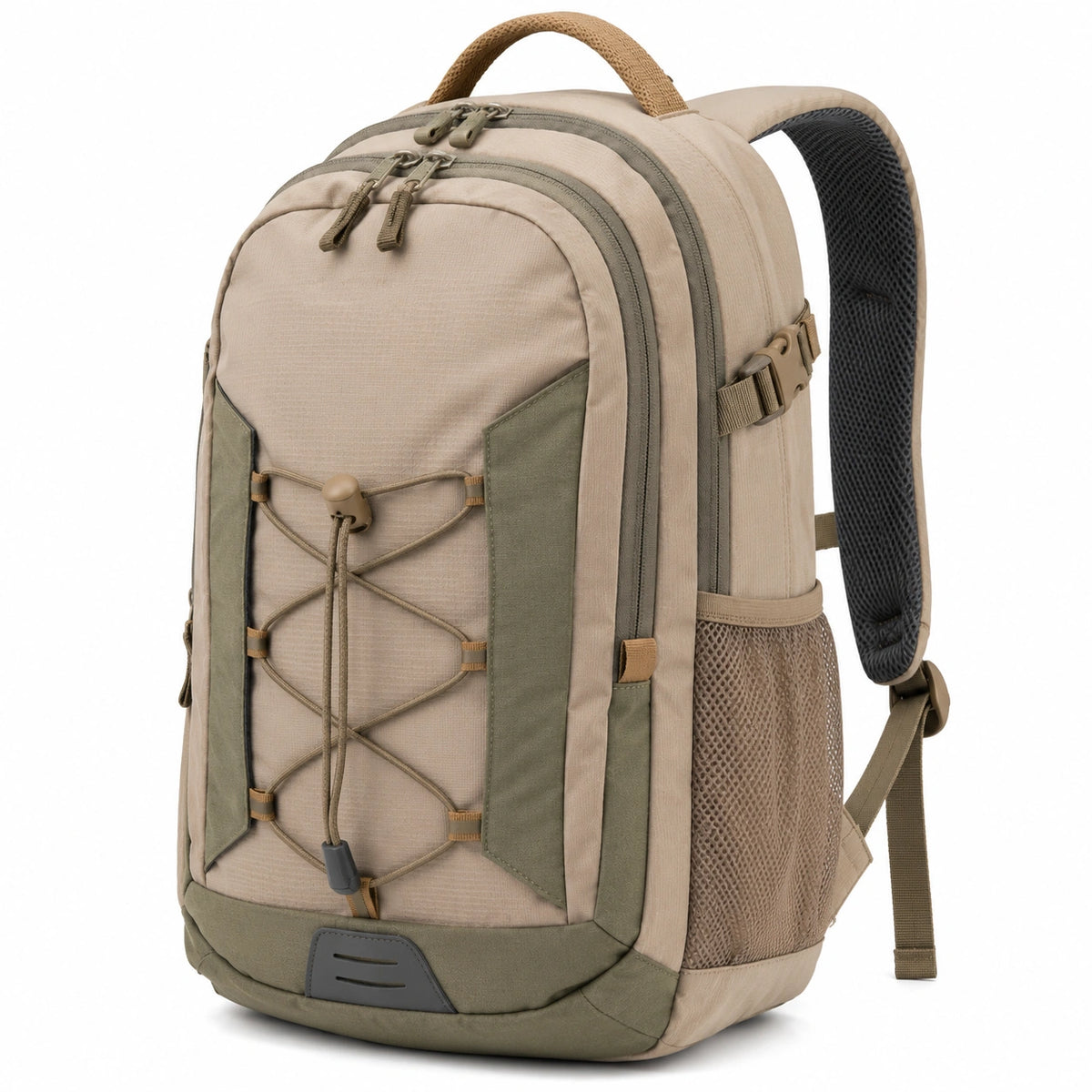 Sac à dos 45 x 30 x 18 cm en tissu synthétique beige et vert style randonnée avec rangements multiples