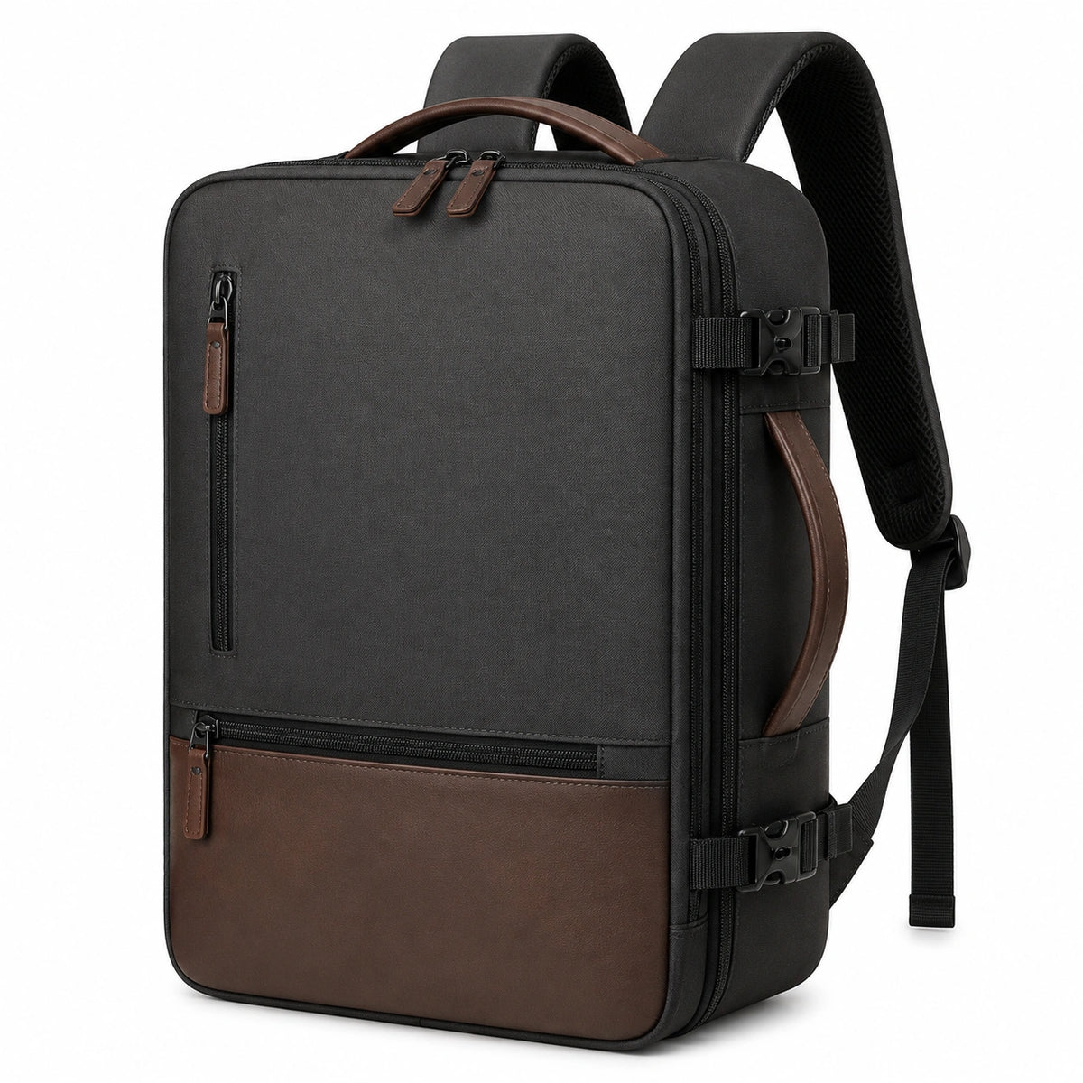 Sac à dos de voyage 45 x 30 x 18 cm noir/marron en tissu synthétique avec poignées et compartiments zippés
