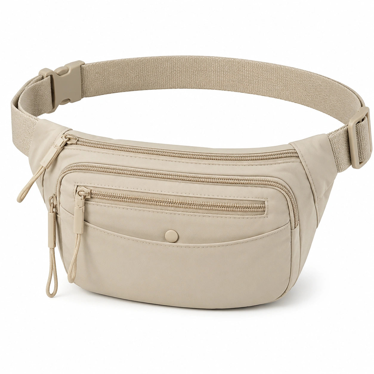 Sac banane compact en textile beige à poches zippées