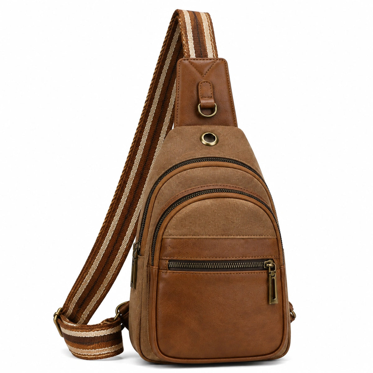 Sac bandoulière 18 x 8 x 32 cm en similicuir marron à poches zippées style décontracté