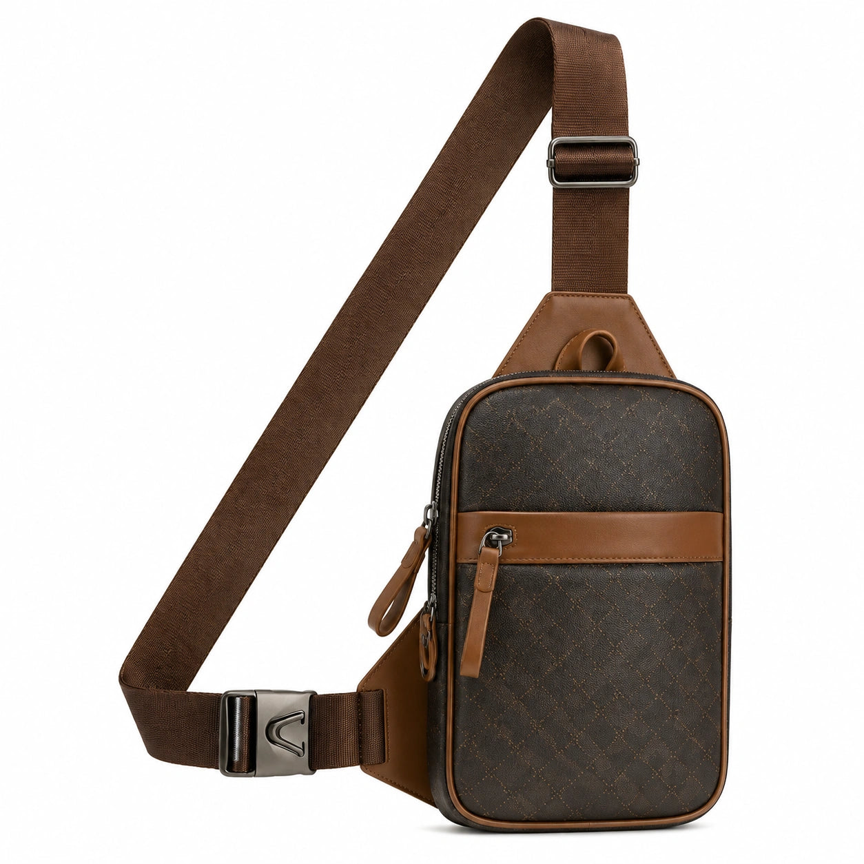 Sac bandoulière 30 x 18 x 8 cm en textile marron avec simili cuir motif matelassé réglable