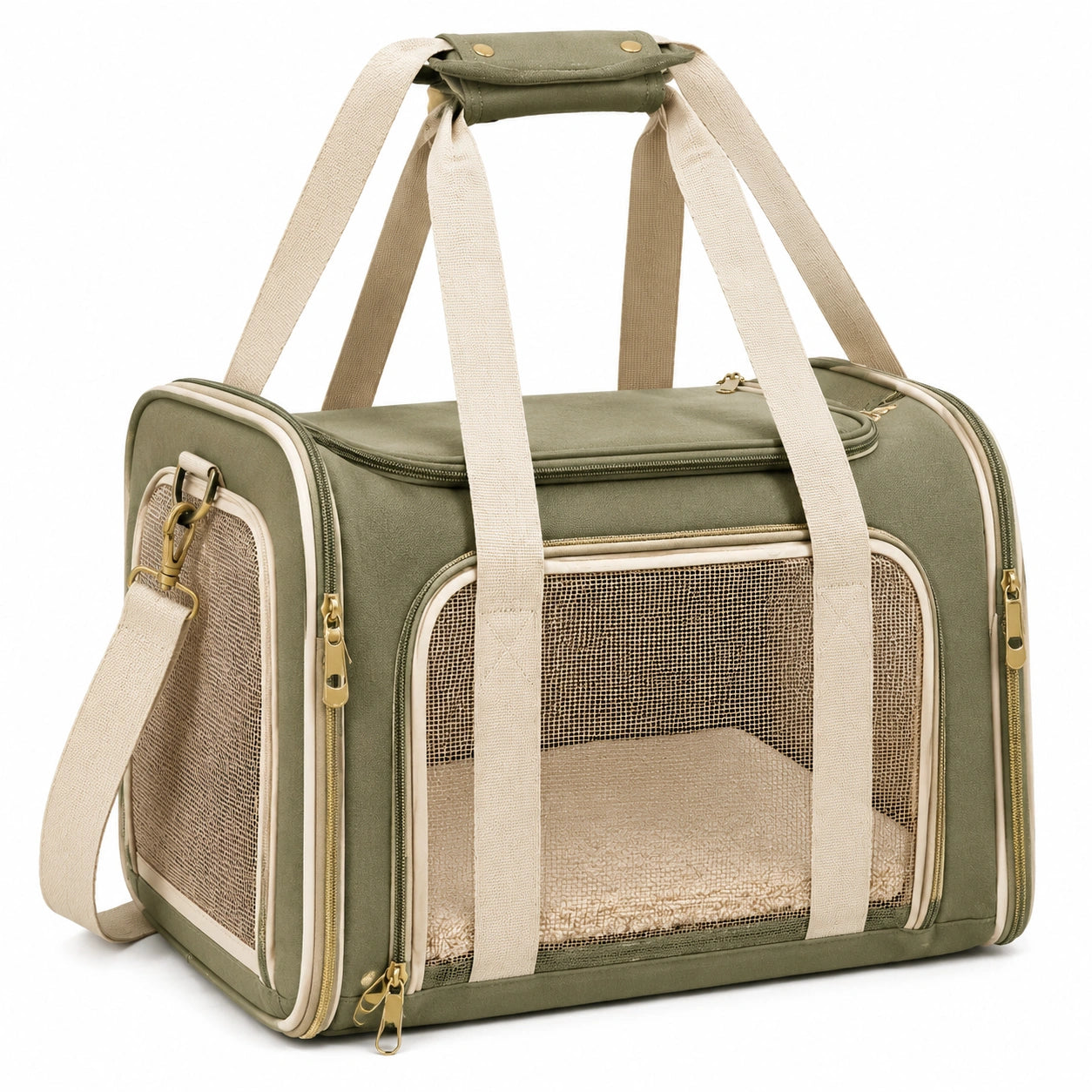 Sac de transport pour animal 45 x 25 x 30 cm en tissu vert kaki avec maille respirante