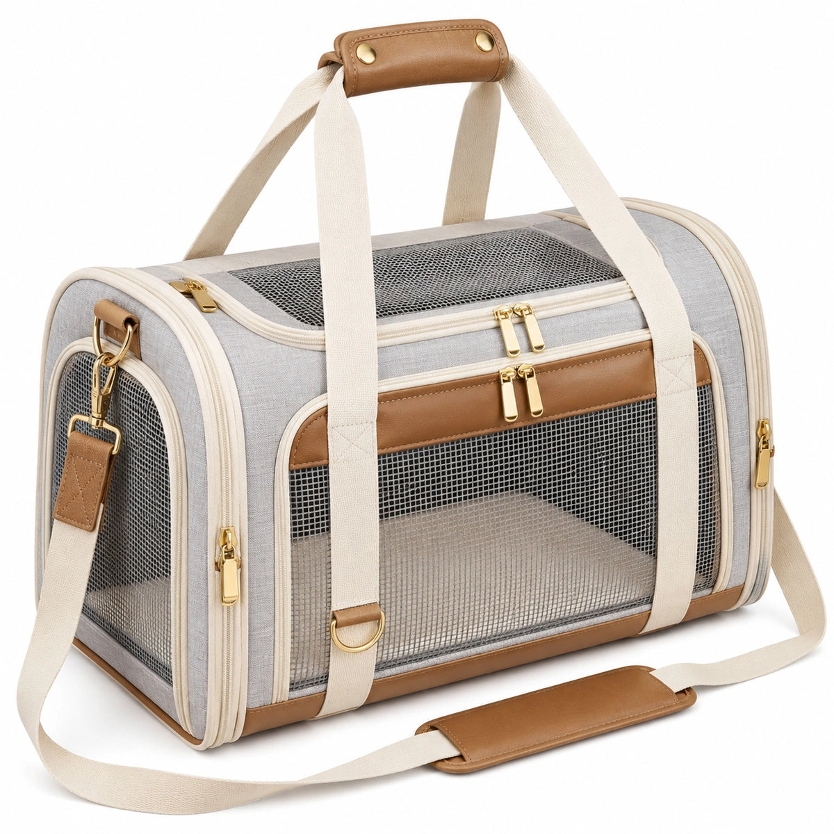 Sac de transport pour animal 45 x 28 x 30 cm en textile gris et beige avec maille respirante