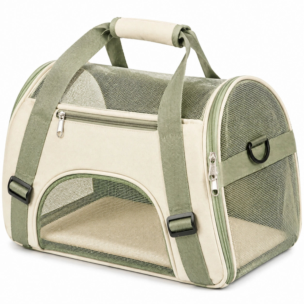 Sac de transport pour chat 45 x 28 x 28 cm en textile et maille vert sauge et beige pliable
