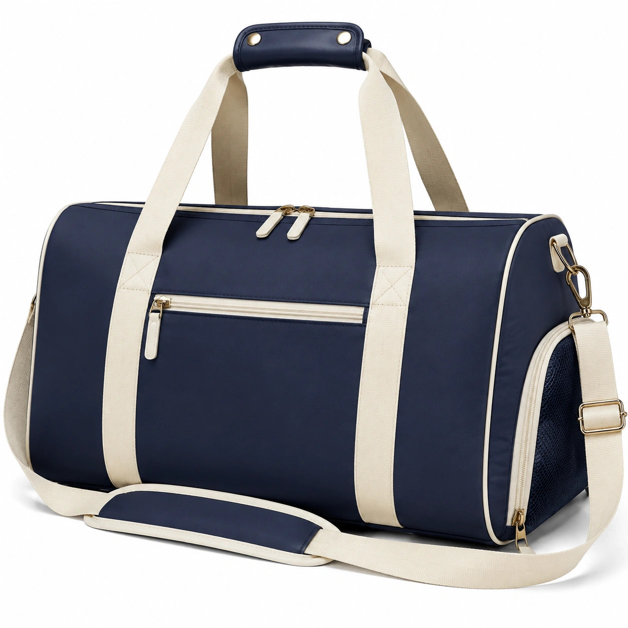 Sac de voyage 48 x 25 x 28 cm en tissu synthétique bleu marine et beige avec bandoulière réglable