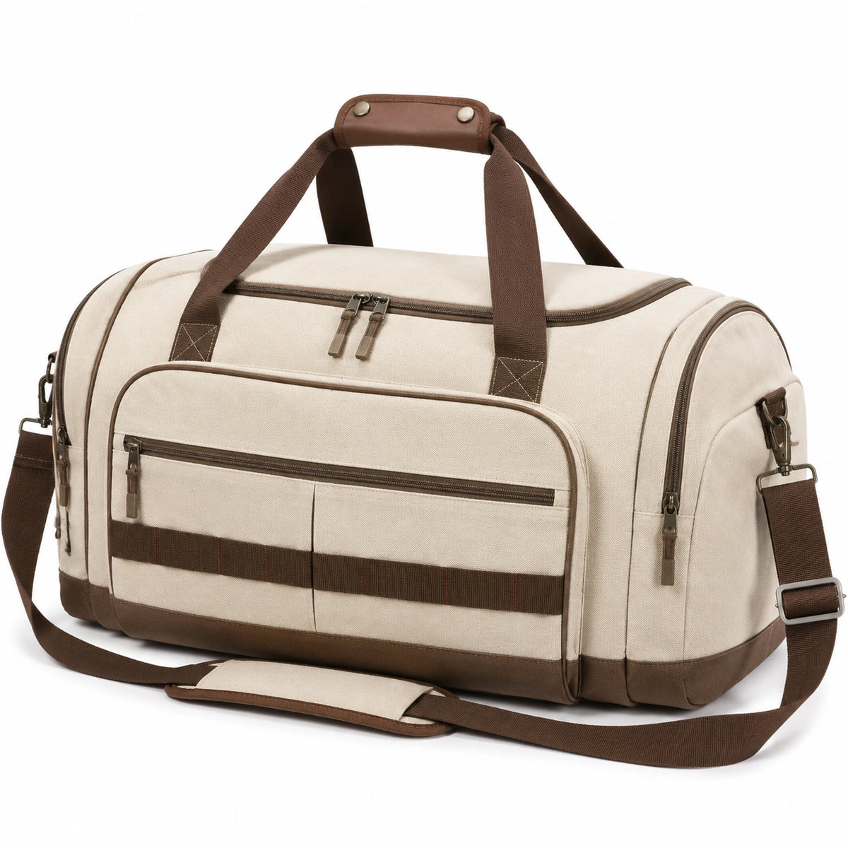 Sac de voyage 55 cm en tissu beige et marron avec bandoulière réglable