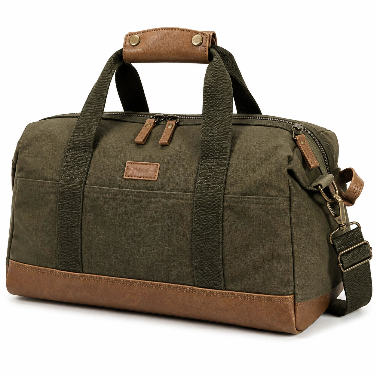 Sac de voyage 45 x 25 x 28 cm en toile kaki et simili cuir avec bandoulière réglable