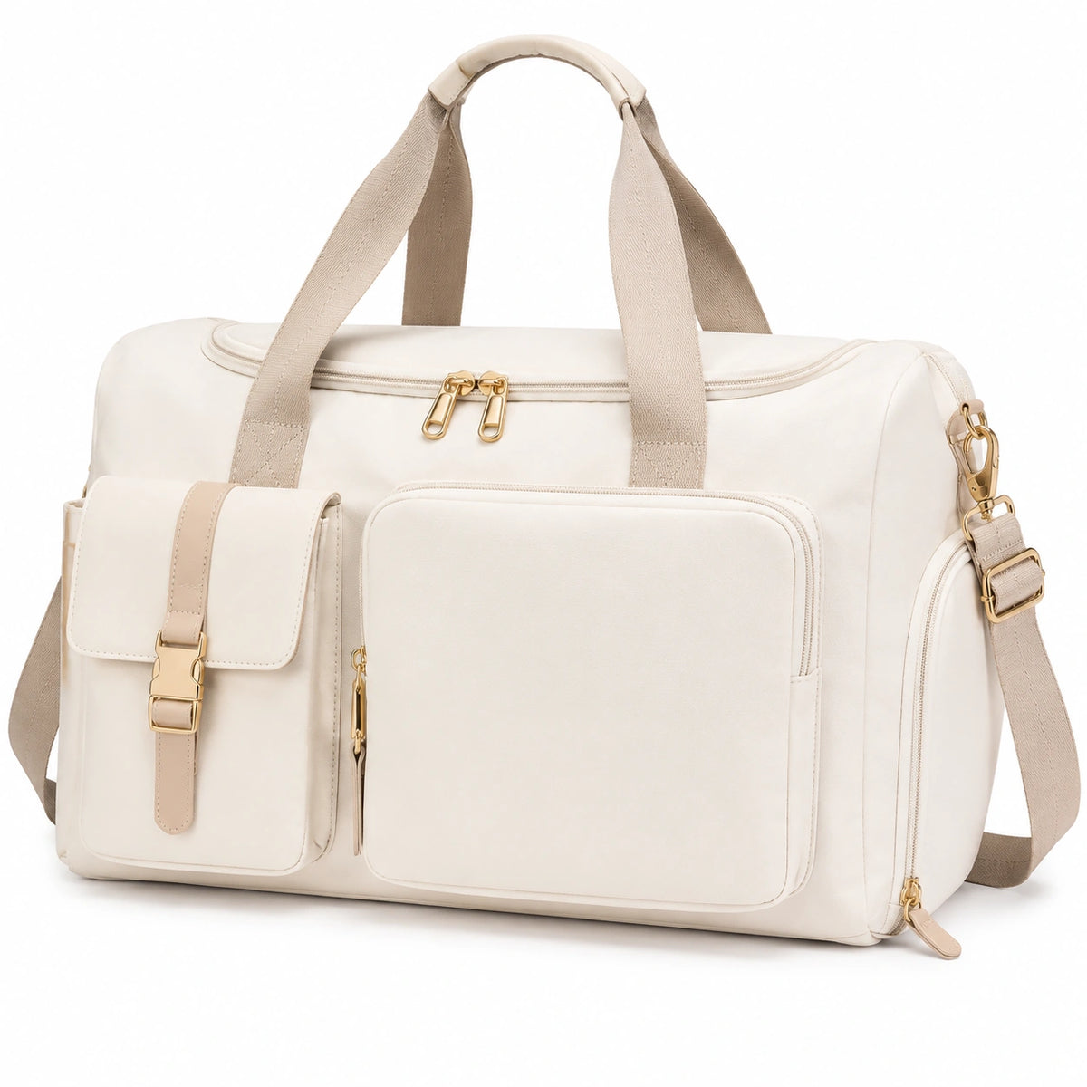Sac de sport 48 x 25 x 28 cm en textile beige avec bandoulière réglable et poches zippées