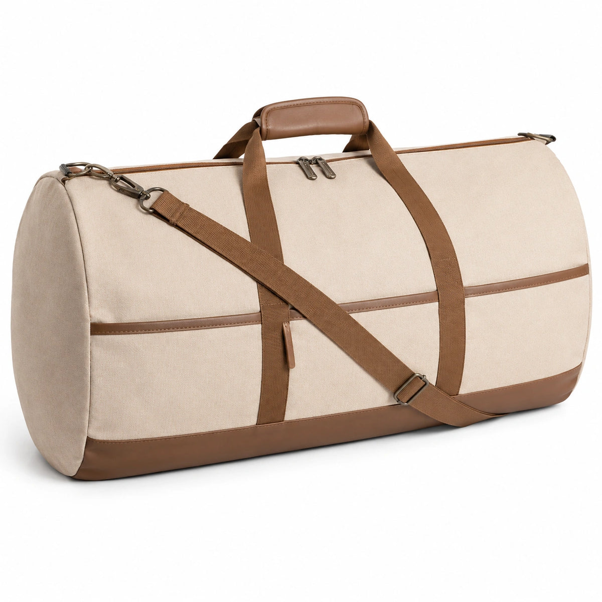Sac polochon 50 cm en toile beige et marron avec bandoulière réglable
