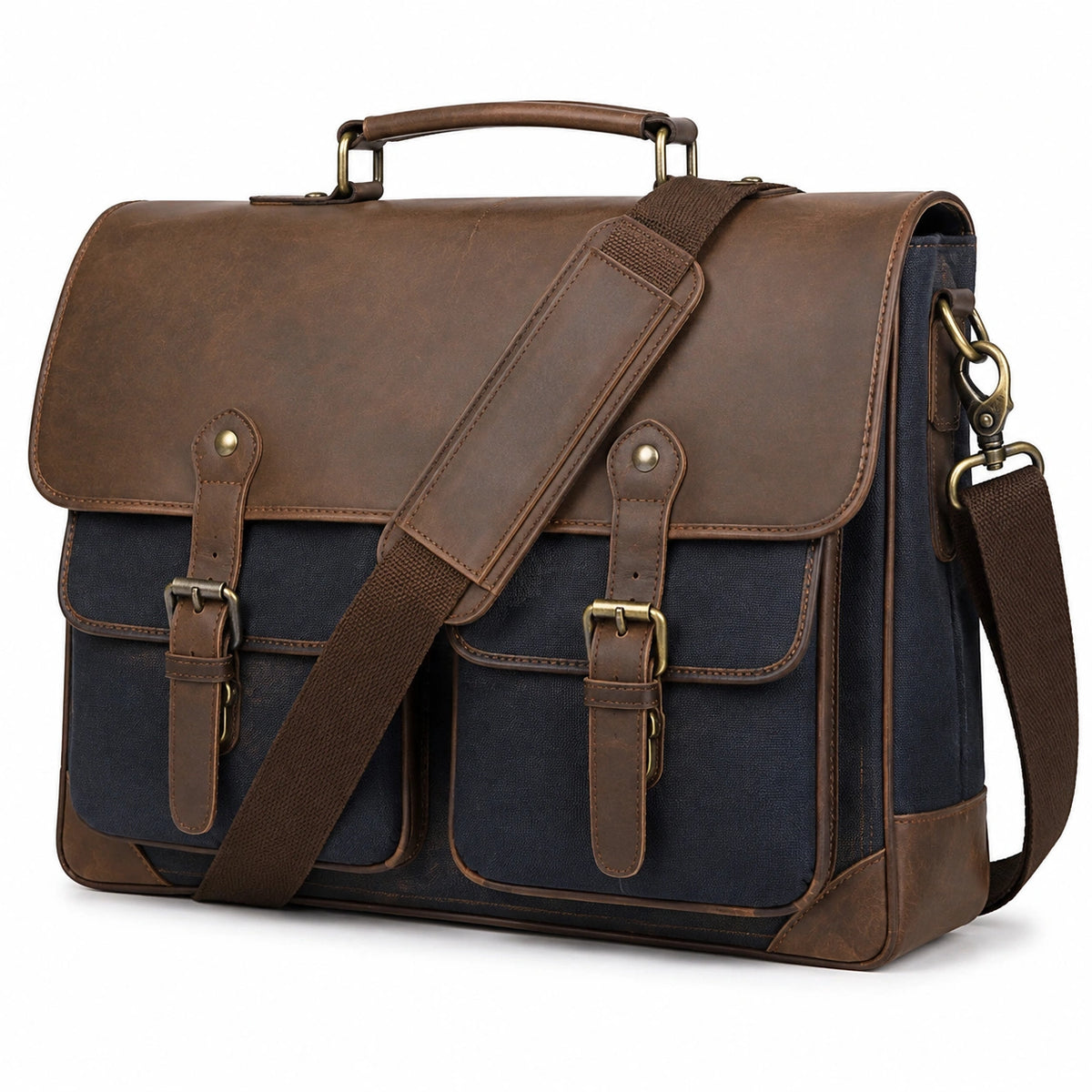 Sacoche ordinateur 40 cm en tissu et similicuir marron bleu style vintage