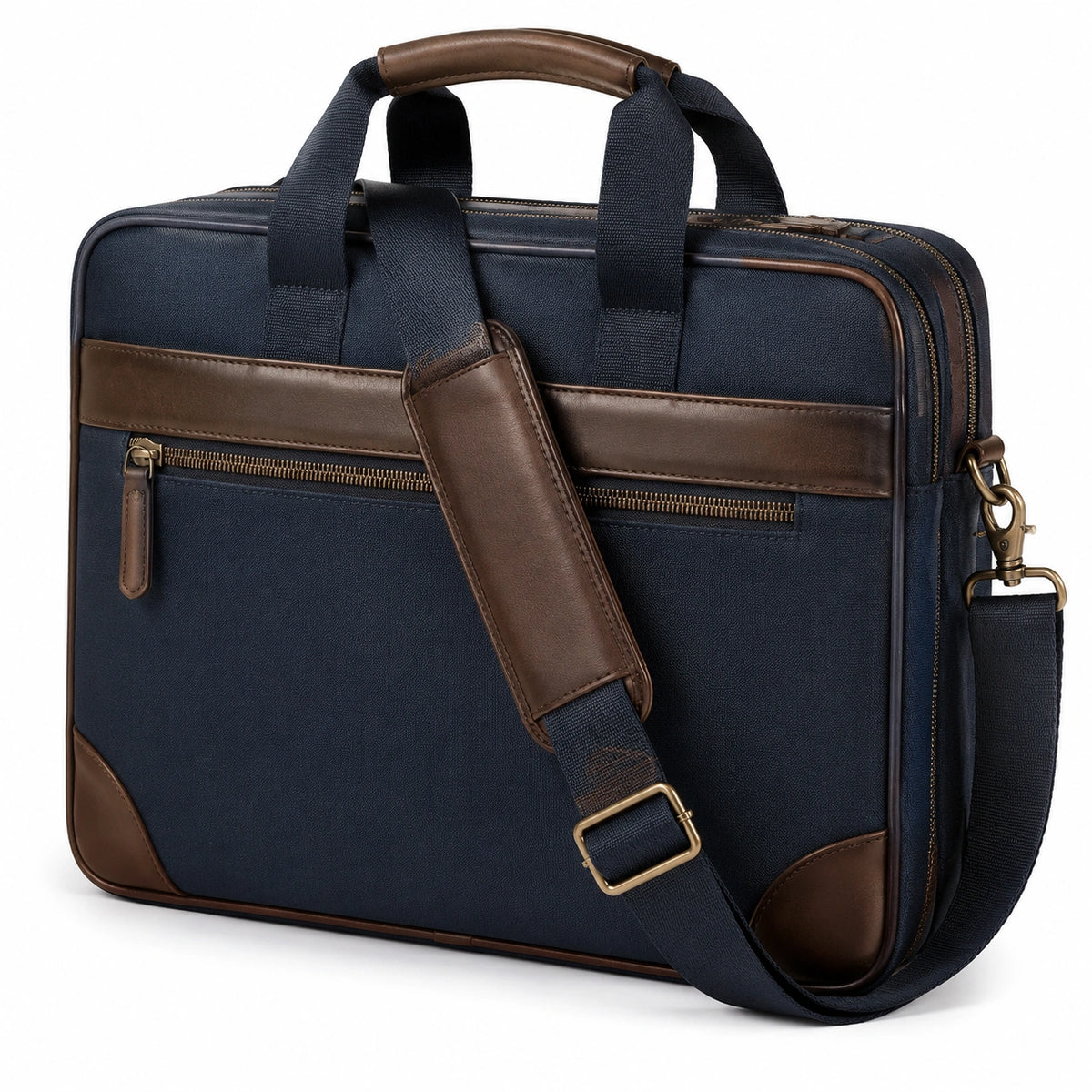 Sacoche pour ordinateur portable 40 x 8 x 30 cm en textile bleu marine et similicuir marron avec bandoulière réglable