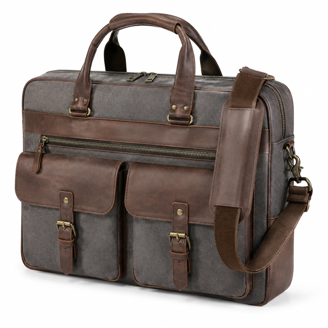 Sac pour ordinateur portable 15.6 pouces 42 x 12 x 32 cm en toile gris et similicuir marron style vintage avec bandoulière