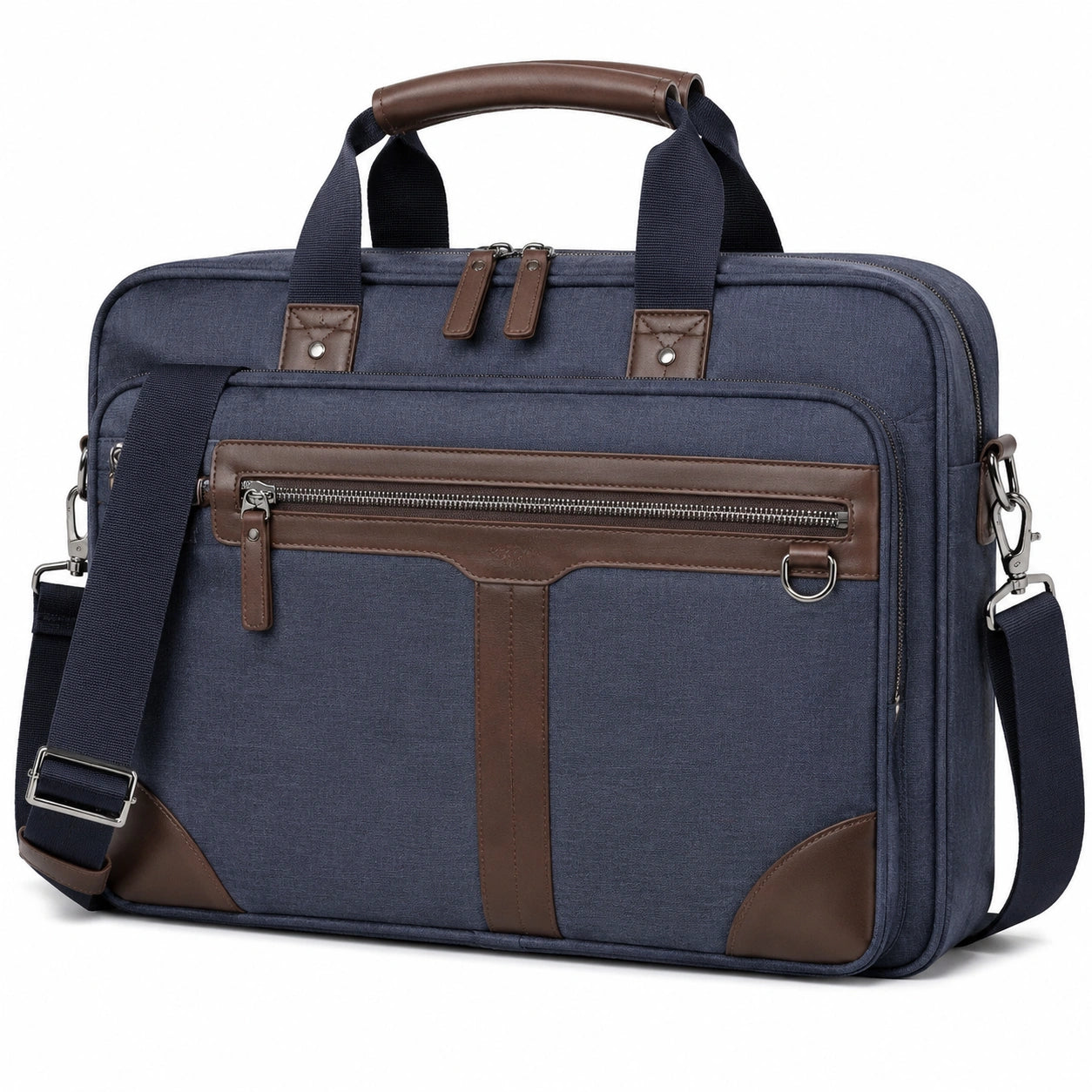 Sacoche ordinateur portable 42 cm textile bleu marine et marron avec bandoulière amovible